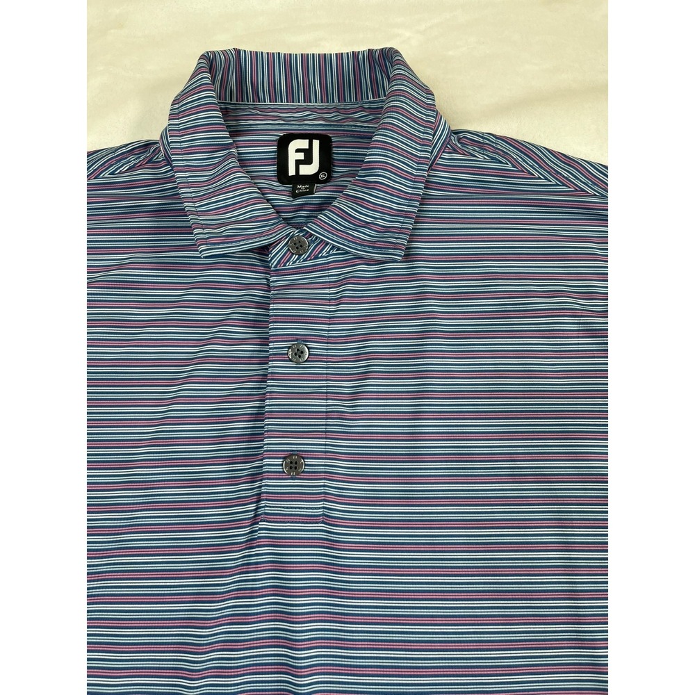 FJ FootJoy Mens XL Polo Shirt Blue Pink Striped Easy Wear - Picture 2 of 9